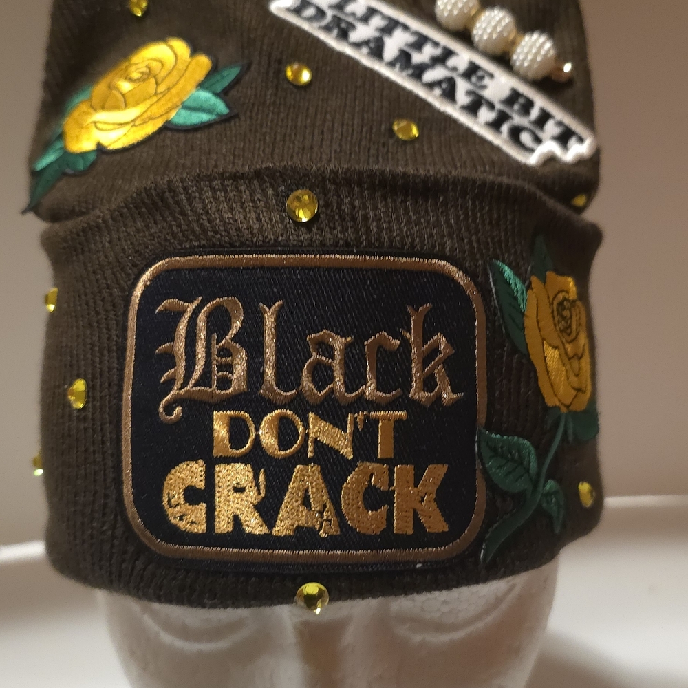 "Black Don't Crack" Brown Beanie with Yellow Rose Patchwork, Rhinstones And More